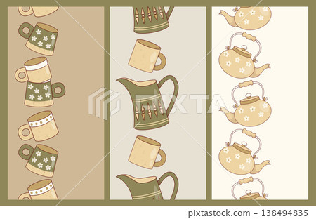 Seamless Vertical Borders with Mismatched Ceramic Kitchenware. Handcrafted Teapots Mugs and Pitchers Ribbons on Earth Tones Background. Washi Tape Set. Vector Illustration. Seamless Vertical Borders with Mismatched Ceramic Kitchenware. Handcrafted Teapots Mugs and Pitchers Ribbons on Earth Tones Background. Washi Tape Set. Vector Illustration. 138494835