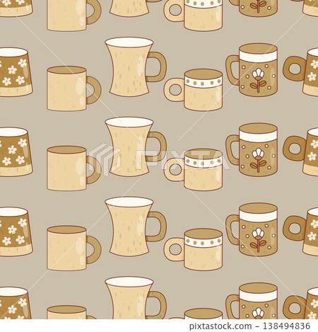 Seamless Pattern with Handcrafted Ceramic Mugs on Green Background. Artisan Pottery Earth Tones Eco-friendly Kitchen Decor. Mismatched Coffee Cups Kitchen Print. Vector Illustration. Seamless Pattern with Handcrafted Ceramic Mugs on Green Background. Artisan Pottery Earth Tones Eco-friendly Kitchen Decor. Mismatched Coffee Cups Kitchen Print. Vector Illustration. 138494836