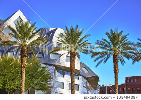 Modern Architecture and Palm Trees Against Blue Sky in Las Vegas Nevada Modern Architecture and Palm Trees Against Blue Sky in Las Vegas Nevada 138494887