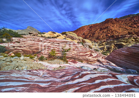 Colorful Layered Sandstone Formations and Dramatic Sky Red Rock Canyon Nevada 138494891