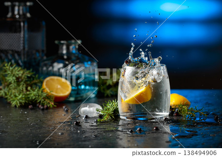 Gin and tonic cocktail with juniper branches and lemon slices. Gin and tonic cocktail with juniper branches and lemon slices. 138494906