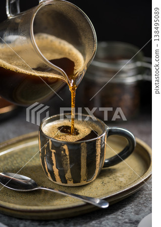 Pouring coffee in cup mug, breakfast, coffee cup Pouring coffee in cup mug, breakfast, coffee cup 138495089