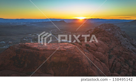 Aerial Red Rock Canyon Sunrise Over Las Vegas Desert Golden Hour Sunburst Aerial Red Rock Canyon Sunrise Over Las Vegas Desert Golden Hour Sunburst 138495142