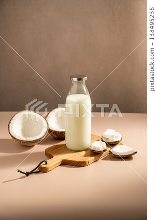 Fresh coconut milk, plant based vegan alternative milk 138495238
