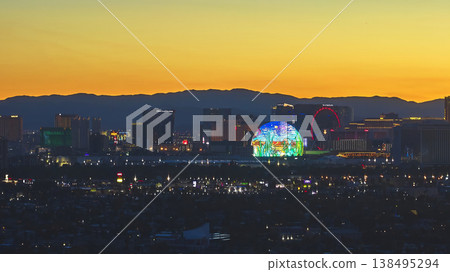 Aerial Las Vegas Strip Downtown Sphere and High Roller at Golden Hour Aerial Las Vegas Strip Downtown Sphere and High Roller at Golden Hour 138495294