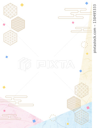 Japanese-style design frame, washi paper, confetti, Japanese pattern decoration, background, portrait orientation 138495333