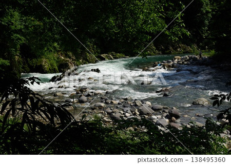 初夏時節，岐阜縣郡上市名寶町的河水清澈見底，時令鮮花盛開，綠意盎然，生氣勃勃。 138495360