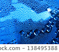 Close-up of numerous blue water drops on a surface, creating a refreshing and cool abstract background texture. Perfect for themes of purity, hydration, and liquid dynamics. 138495388