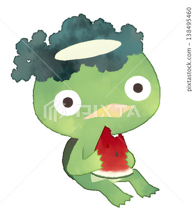 一幅水彩風格的透明PNG插圖,描繪了一隻河童坐著吃紅西瓜的場景。 一幅水彩風格的透明PNG插圖,描繪了一隻河童坐著吃紅西瓜的場景。 138495460