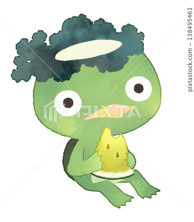 一幅水彩風格的透明PNG插圖,描繪了一隻河童坐著吃一個黃色西瓜。 一幅水彩風格的透明PNG插圖,描繪了一隻河童坐著吃一個黃色西瓜。 138495461