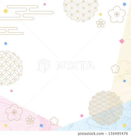 Japanese-style design frame, washi paper, confetti, Japanese pattern decoration, background, square size Japanese-style design frame, washi paper, confetti, Japanese pattern decoration, background, square size 138495476