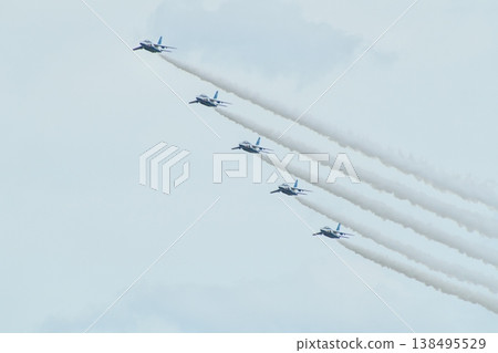 Blue Impulse trail formation performing a changeover turn. Blue Impulse trail formation performing a changeover turn. 138495529