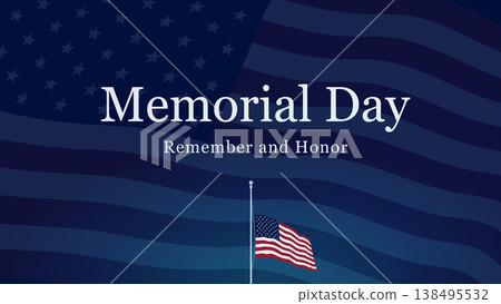 US Memorial day banner with US flag and remember and honor text. Half-staff of the American flag. 138495532