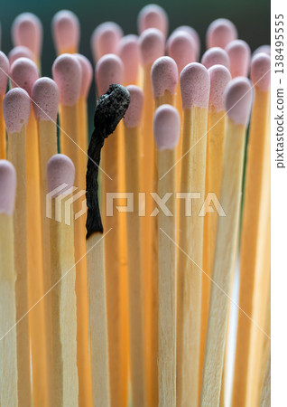 Group of pink matches and a burned match, burnout abstract concept Group of pink matches and a burned match, burnout abstract concept 138495555