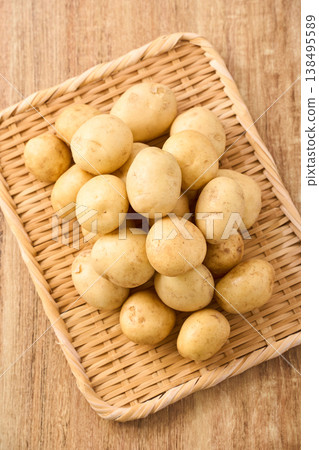 New potatoes and other spring vegetables served on a bamboo basket. New potatoes and other spring vegetables served on a bamboo basket. 138495589