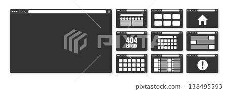 Web browser window, pages layout with toolbar and search field. Modern website, internet page in flat style. Browser mockup for computer, tablet and smartphone. Adaptive UI. Vector illustration 138495593