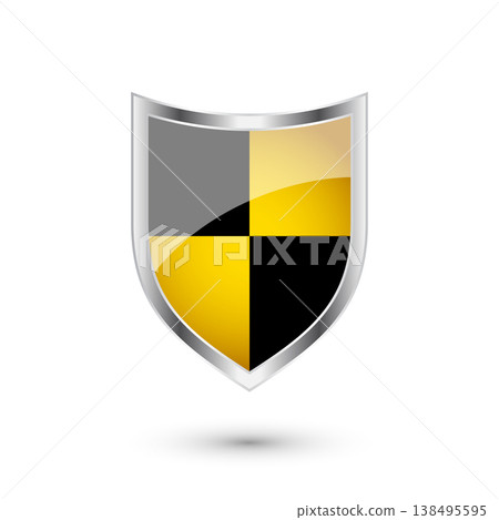 Glossy shield with yellow and black pattern. Security and protection concept. Cyber safety icons, internet privacy, web defense, digital data protection and antivirus themes. Vector illustration 138495595
