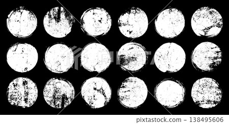 Grunge circles with stains and scratches. Circle brush stroke, round shape design element. Distressed dirty text frame, border, sticker or label. Paintbrush, ink stains. Vector illustration Grunge circles with stains and scratches. Circle brush stroke, round shape design element. Distressed dirty text frame, border, sticker or label. Paintbrush, ink stains. Vector illustration 138495606