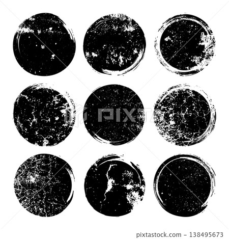 Grunge circles with stains and scratches. Circle brush stroke, round shape design element. Distressed dirty text frame, border, sticker or label. Paintbrush, ink stains. Vector illustration 138495673