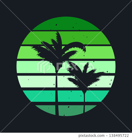 Grunge vintage sunset. Colorful striped sunrise badge in 80s and 90s style. Sun and ocean view, summer vibes, surfing. Design element for print, logo or t-shirt. Vector illustration Grunge vintage sunset. Colorful striped sunrise badge in 80s and 90s style. Sun and ocean view, summer vibes, surfing. Design element for print, logo or t-shirt. Vector illustration 138495722