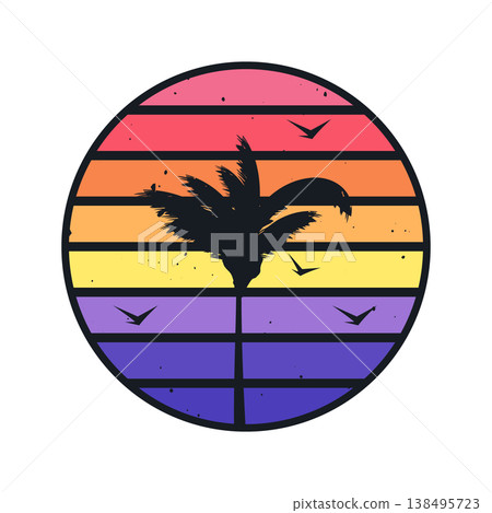 Grunge vintage sunset. Colorful striped sunrise badge in 80s and 90s style. Sun and ocean view, summer vibes, surfing. Design element for print, logo or t-shirt. Vector illustration 138495723