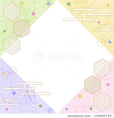 Japanese-style design frame, washi paper, confetti, Japanese pattern decoration, background, square size 138495759