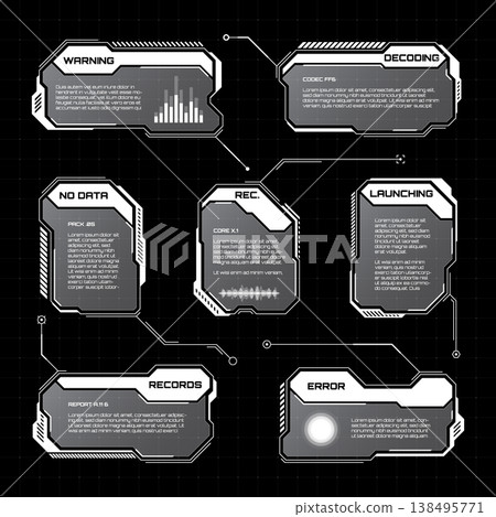 White futuristic HUD, UI elements. Sci-fi user interface text boxes, callouts. Warning message frames, information boxes template. Modern game interface layout in digital style. Vector illustration 138495771