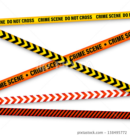 Barricade construction tape. Colorful police warning line, brightly colored danger or hazard stripe, ribbon. Restricted area, zone. Attention symbol. Vector illustration Barricade construction tape. Colorful police warning line, brightly colored danger or hazard stripe, ribbon. Restricted area, zone. Attention symbol. Vector illustration 138495772