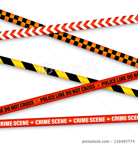 Barricade construction tape. Colorful police warning line, brightly colored danger or hazard stripe, ribbon. Restricted area, zone. Attention symbol. Vector illustration Barricade construction tape. Colorful police warning line, brightly colored danger or hazard stripe, ribbon. Restricted area, zone. Attention symbol. Vector illustration 138495774