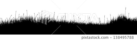 Meadow silhouette with grass, plants on plain. Panoramic summer lawn landscape with herbs, various weeds. Herbal border, frame element. Black horizontal banners. Vector illustration Meadow silhouette with grass, plants on plain. Panoramic summer lawn landscape with herbs, various weeds. Herbal border, frame element. Black horizontal banners. Vector illustration 138495788