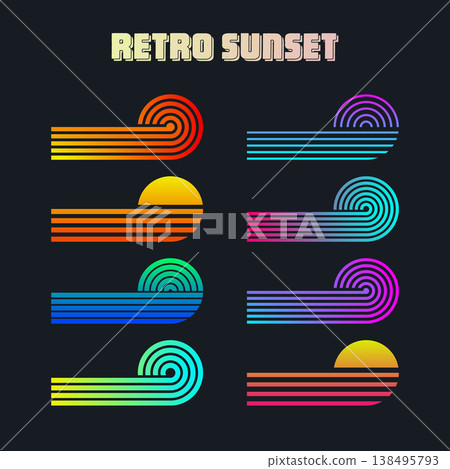 Vintage colorful sunset. Various gradient striped sunrise badges in 80s and 90s style. Sun and ocean view, summer vibes, surfing. Design element for print, logo or t-shirt. Vector illustration Vintage colorful sunset. Various gradient striped sunrise badges in 80s and 90s style. Sun and ocean view, summer vibes, surfing. Design element for print, logo or t-shirt. Vector illustration 138495793