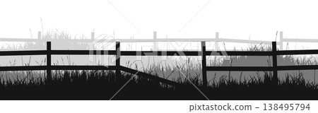 Meadow silhouettes with grass and old wooden fence. Countryside, panoramic summer lawn rural landscape with herbs, weeds. Herbal border, frame element. Black horizontal banners. Vector illustration Meadow silhouettes with grass and old wooden fence. Countryside, panoramic summer lawn rural landscape with herbs, weeds. Herbal border, frame element. Black horizontal banners. Vector illustration 138495794