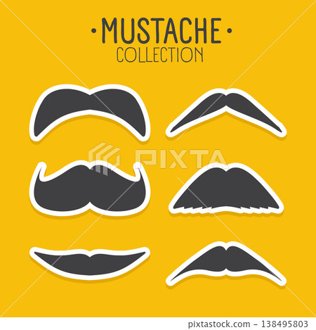 Mustache collection in different styles of moustaches. Hipster, barber, retro, vintage facial hair icons for logo, branding, poster, sticker, fashion, barbershop, design projects. Vector illustration Mustache collection in different styles of moustaches. Hipster, barber, retro, vintage facial hair icons for logo, branding, poster, sticker, fashion, barbershop, design projects. Vector illustration 138495803