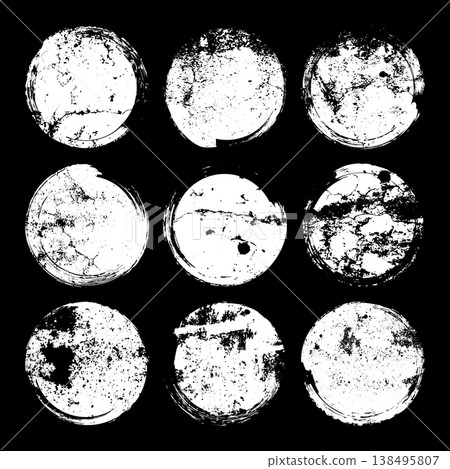 Grunge circles with stains and scratches. Circle brush stroke, round shape design element. Distressed dirty text frame, border, sticker or label. Paintbrush, ink stains. Vector illustration Grunge circles with stains and scratches. Circle brush stroke, round shape design element. Distressed dirty text frame, border, sticker or label. Paintbrush, ink stains. Vector illustration 138495807