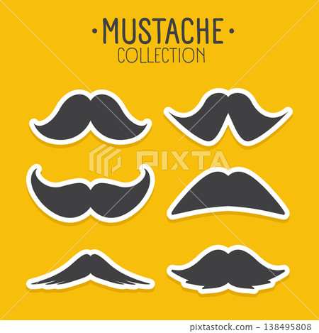 Mustache collection in different styles of moustaches. Hipster, barber, retro, vintage facial hair icons for logo, branding, poster, sticker, fashion, barbershop, design projects. Vector illustration Mustache collection in different styles of moustaches. Hipster, barber, retro, vintage facial hair icons for logo, branding, poster, sticker, fashion, barbershop, design projects. Vector illustration 138495808