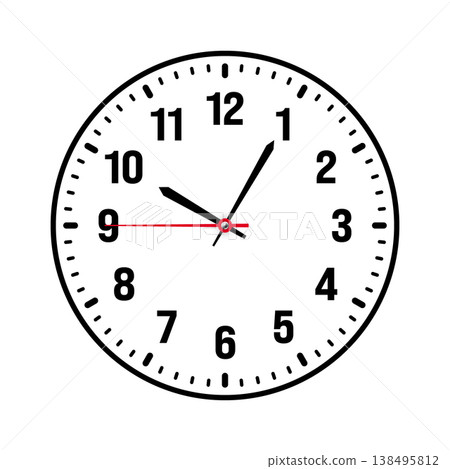 Mechanical clock face with arabic numerals, bezel. Watch dial with minute, hour marks and numbers. Timer or stopwatch element. Blank measuring circle scale with divisions. Vector illustration 138495812