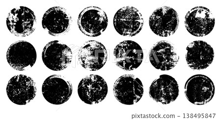 Grunge circles with stains and scratches. Circle brush stroke, round shape design element. Distressed dirty text frame, border, sticker or label. Paintbrush, ink stains. Vector illustration Grunge circles with stains and scratches. Circle brush stroke, round shape design element. Distressed dirty text frame, border, sticker or label. Paintbrush, ink stains. Vector illustration 138495847