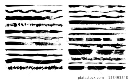 Long grunge brush strokes, lines, ink smudges, hand-drawn scribble shapes. Handmade sketchy marks, stains, charcoal streaks. Paint textures, dry brush effect. Marker underline. Vector illustration 138495848