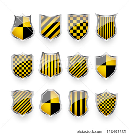 Glossy shields with yellow and black pattern. Security and protection concept. Cyber safety icons, internet privacy, web defense, digital data protection and antivirus themes. Vector illustration 138495885