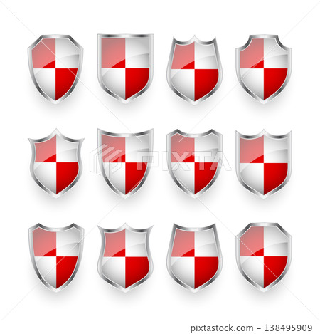 Glossy shields with red and black white. Security and protection concept. Cyber safety icons, internet privacy, web defense, digital data protection and antivirus themes. Vector illustration 138495909