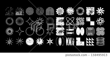 Brutalist geometric shapes, modern grunge symbols. Simple primitive elements and forms, distressed details. Retro design, aged, vintage, trendy contemporary minimalist style, y2k. Vector illustration 138495913