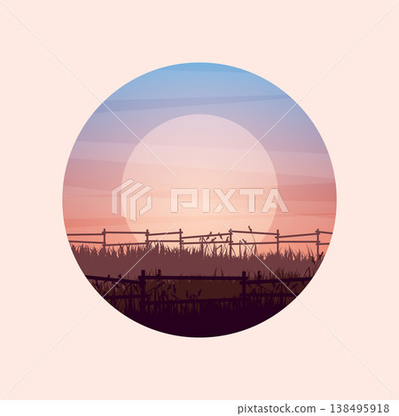 Meadow silhouettes with grass and old wooden fence. Countryside, round panoramic summer lawn rural landscape with herbs, weeds. Agriculture and farming. Summer sunset in nature. Vector illustration Meadow silhouettes with grass and old wooden fence. Countryside, round panoramic summer lawn rural landscape with herbs, weeds. Agriculture and farming. Summer sunset in nature. Vector illustration 138495918