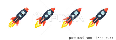Pixel art rocket with fiery trails, retro games, space-themed designs, apps, or animations. 8-bit style for technology, sci-fi, and futuristic creative projects. Vector illustration Pixel art rocket with fiery trails, retro games, space-themed designs, apps, or animations. 8-bit style for technology, sci-fi, and futuristic creative projects. Vector illustration 138495933