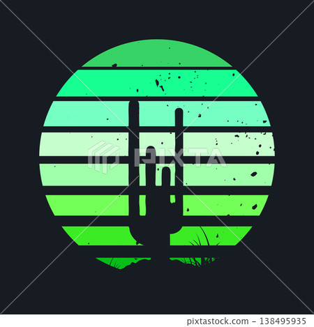 Grunge vintage sunset. Colorful striped sunrise badge in 80s and 90s style. Sun and ocean view, summer vibes, surfing. Design element for print, logo or t-shirt. Vector illustration 138495935
