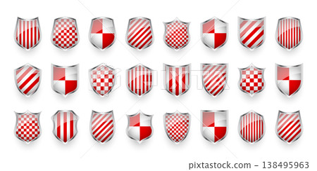 Glossy shields with red and black white. Security and protection concept. Cyber safety icons, internet privacy, web defense, digital data protection and antivirus themes. Vector illustration 138495963