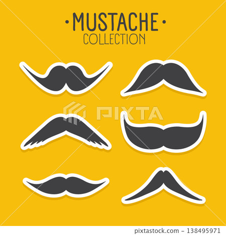 Mustache collection in different styles of moustaches. Hipster, barber, retro, vintage facial hair icons for logo, branding, poster, sticker, fashion, barbershop, design projects. Vector illustration Mustache collection in different styles of moustaches. Hipster, barber, retro, vintage facial hair icons for logo, branding, poster, sticker, fashion, barbershop, design projects. Vector illustration 138495971