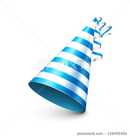 Party shiny hat with ribbon. Festive holiday decoration for celebration, birthday or carnival. Fun party accessor, greeting cards, posters, invitations, banner, design projects. Vector illustration 138495988