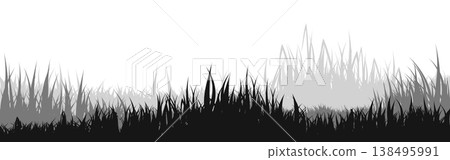Meadow silhouette with grass, plants on plain. Panoramic summer lawn landscape with herbs, various weeds. Herbal border, frame element. Black horizontal banners. Vector illustration Meadow silhouette with grass, plants on plain. Panoramic summer lawn landscape with herbs, various weeds. Herbal border, frame element. Black horizontal banners. Vector illustration 138495991