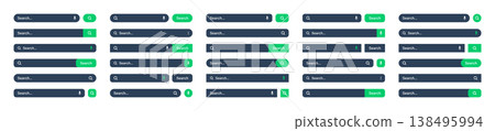 Various search bar templates. Internet browser engine with search box, address bar and text field. UI design, website interface element with web icons and push button. Vector illustration Various search bar templates. Internet browser engine with search box, address bar and text field. UI design, website interface element with web icons and push button. Vector illustration 138495994