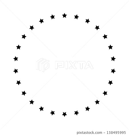 Stars of various sizes arranged in a circle. Round frame, border. Black star outline, simple symbol. Design element, ornament. Line art. Vector illustration Stars of various sizes arranged in a circle. Round frame, border. Black star outline, simple symbol. Design element, ornament. Line art. Vector illustration 138495995